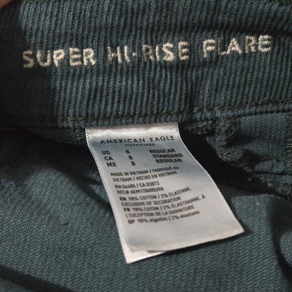 American Eagle Super Hi Rise Flare Corduroy Pants Green Button Fly Retro Teal 8 - Picture 15 of 15